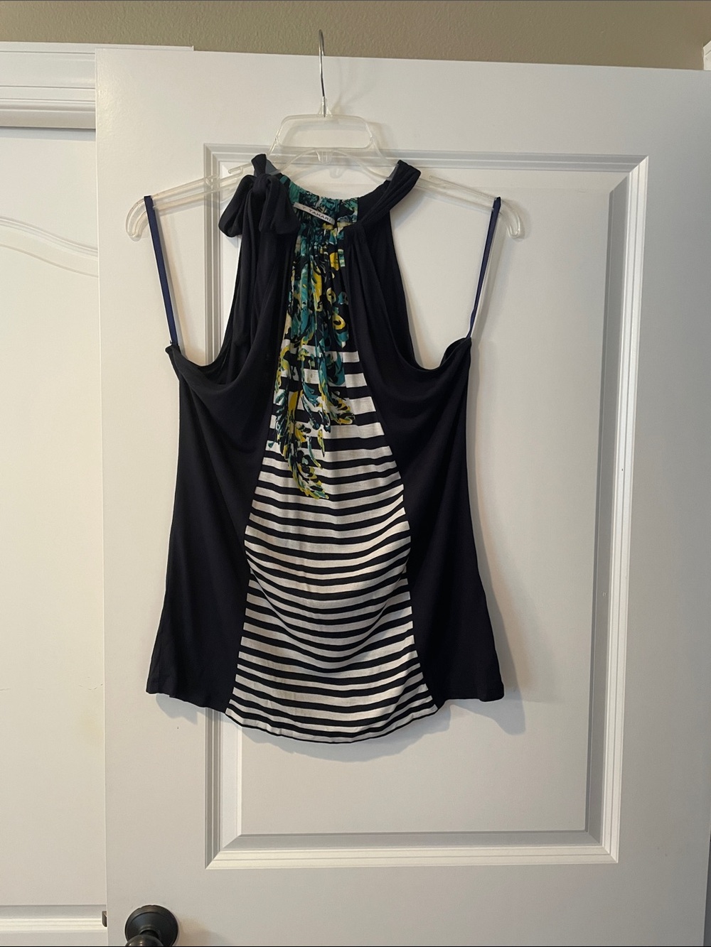 Tahari Navy Tank Top with Black & White Stripes and Floral Tie